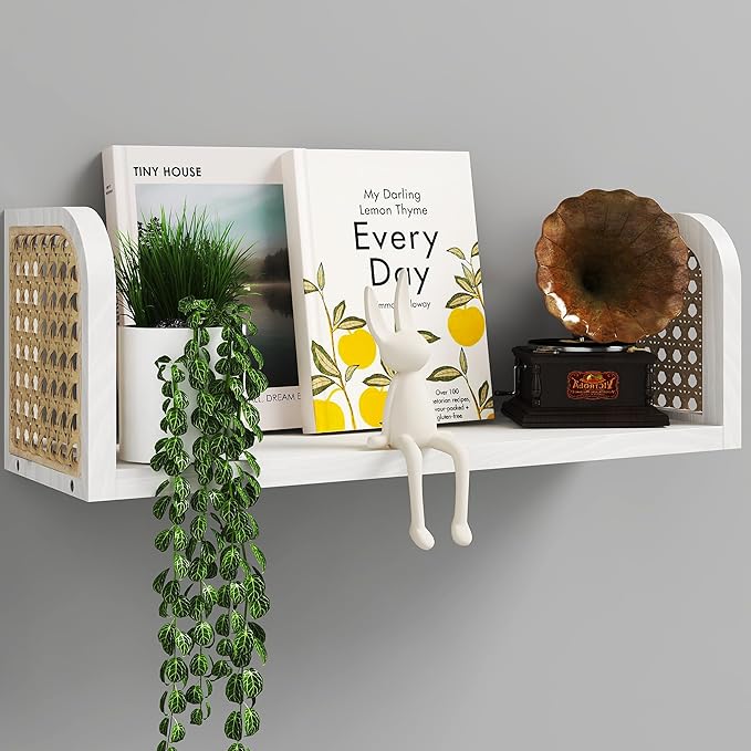 White Rattan Wall Shelf, Wooden Hanging Bookshelf Storage, Cute Nursery Shelves Wall Mounted, Boho Decorative Floating Shelves for Kids Room, Living Room, Play Room, Bedroom