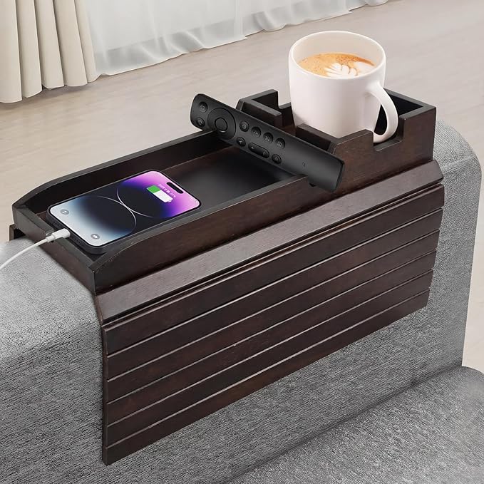 Foldable Bamboo Couch Arm Tray with Cup Holder - Anti-Slip Sofa Armrest Organizer for Drinks, Snacks, Remotes, Phones & More - Eco-Friendly Home Decor Gift (Brown)