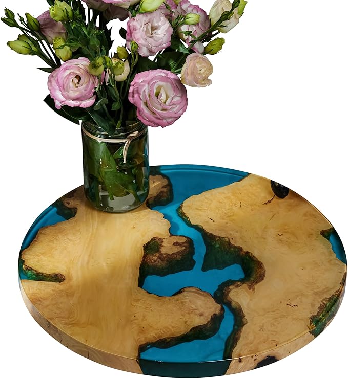 Handmade 16" Wood and Epoxy Resin Lazy Susan, Turntable for Kitchen Countertop, Rotating Display Stand, Round Wooden Platter, Organizer and Storage for Dining Table (Light Blue & Light Wood)