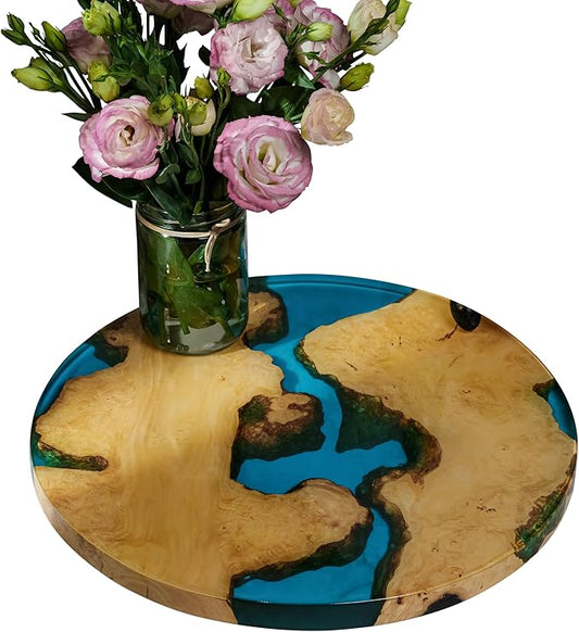 Handmade 16" Wood and Epoxy Resin Lazy Susan, Turntable for Kitchen Countertop, Rotating Display Stand, Round Wooden Platter, Organizer and Storage for Dining Table (Light Blue & Light Wood)
