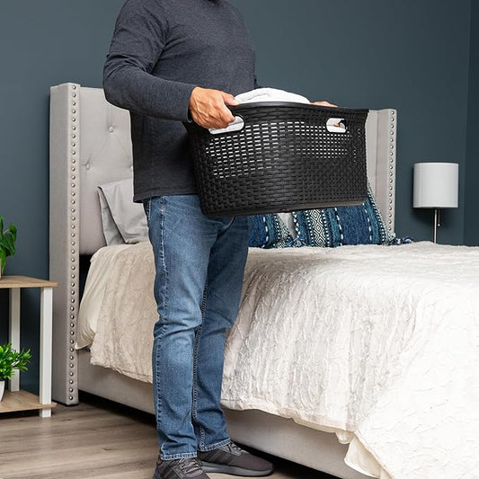 Mind Reader 40L Laundry Basket, Clothes Hamper, Premium Wicker Design, Plastic, Black