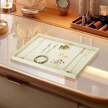 Mornajina 2 Pcs 13.8" x 9.5" Velvet Jewelry Tray Jewelry Display Tray Flat Tray, Stackable Empty Plate Trays for Earrings Necklaces Bracelet Rings Display Showcase - Light Khaki