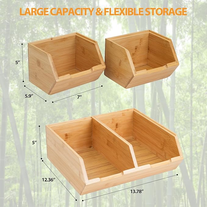 Bamboo Pantry Storage Bins, Stackable Potato and Onion Storage, Pantry Produce Organizer for Fruit and Vegetable
