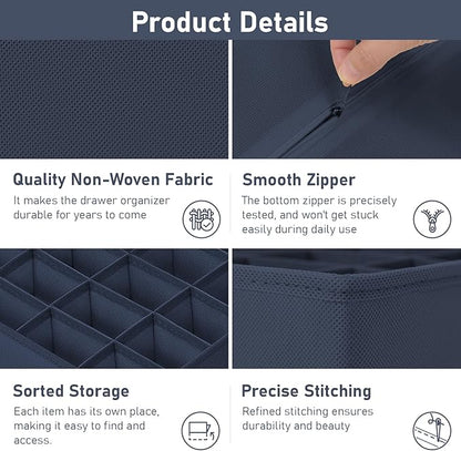 Joyoldelf Sock Drawer Organizer Divider 4 Packs Underwear Organizer, 2 x 24 Cell + 2 x 16 Cell Closet Organizers and Storage Sock Holders for Storing Socks, Handkerchiefs, Ties, Belts (Navy Blue)