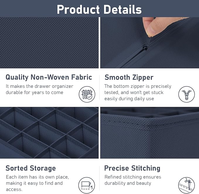 Joyoldelf Sock Drawer Organizer Divider 2 Packs Underwear Organizer, 24 Cell + 16 Cell Closet Organizers and Storage Sock Holders Organizers for Storing Socks, Handkerchiefs, Ties, Belts (Navy Blue)