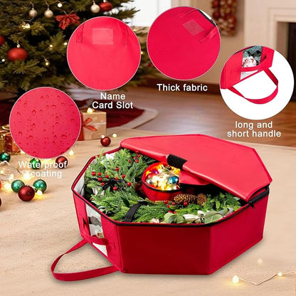 2 Pack Wreath Storage Christmas Garlands Bag with Interior Pockets Large Xmas Container Box for holiday Decorations Case with Dual Zipper and Handles Window Labeling Card Slot 24" Red