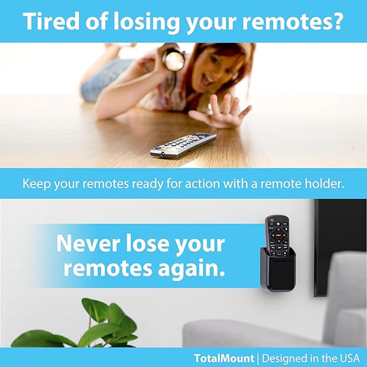 TotalMount Universal Remote Control Holders (2 Pack) – Attach to Wall or Back of TV – Compatible with All TV Remotes (Premium Black, Medium)