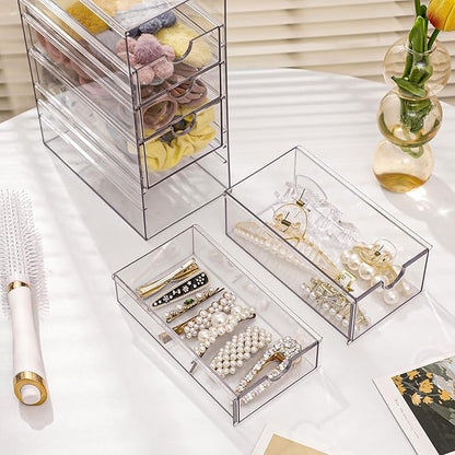 FABROK Clear Hair Accessory Organizer Box with 5 Drawers, Compact Storage Organization Drawers Set for Cosmetics, Glasses, Stationery, Stackable Storage Containers Box for Bathroom, Closet, Office