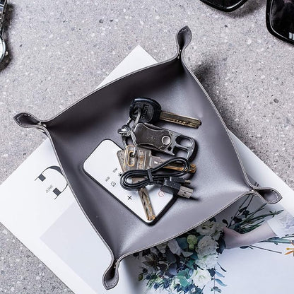 SANQIANWAN Leather Jewelry Valet Tray for Women and Man, Portable Entryway Table Tray Bedside Nightstand Desk Tray Small Catchall Travel Dish Plate for Key,Wallet,Watch,Coin (2PCs Grey-B)