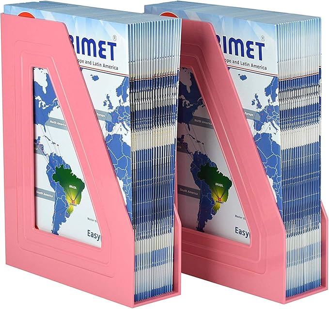 Acrimet Magazine File Holder – Vertical Rack for Documents, Folders and Mail, Durable Plastic Desk Organizer for Office & Home, Solid Pink (2 Pack)