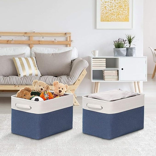 Kntiwiwo Foldable Storage Bin Collapsible Fabric Storage Basket Cube with Durable Handles Closet Organizer Bins for Organizing Shelves Drawers, Set of 3, 15" x 10" x 9.5", Blue