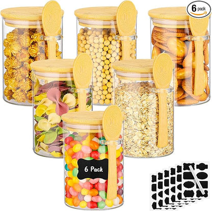 Glass Jar with Bamboo Lids and Spoon - 6 Pack 18 Fl.oz Round Food Storage Containers, Includes Labels and Marker, Airtight Tea Canister Pantry Jars for Sugar, Ground Coffee, Oats, Meal Prep