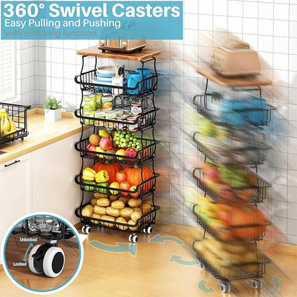 6 Tier Pantry Organizers and Storage Vegetable Fruit Basket for Kitchen, Stackable Flexible Design (3+3, 4+2, 5+1,6+0) Pantry organizers and storage for Kitchen Bathroom Livingroom Laundry Room Cart