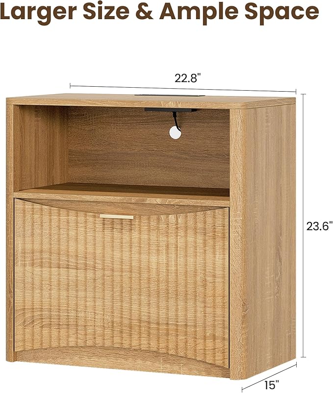 TROJM Night Stand with Charging Station, Modern Bedside Table with Drawer & Open Shelf Storage, Small Space Sidetable for Bedroom, Natural Oak