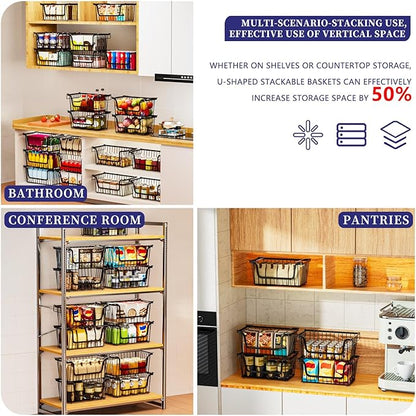4 Pack Enhanced Leak-Proof Bottom Stackable Wire Baskets, Pantry Organizers and Storage, pantry storage，Shelf Baskets, Fruit Basket, Potato and Onion Storage Bins，(Black)