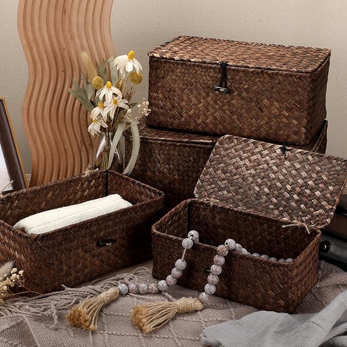 Woanger Set of 4 Wicker Storage Baskets Organizer，Handwoven Storage Bins with Lid for Organizing, Home Utility Box for Home Office Supplies Multipurpose Container(Coffee)