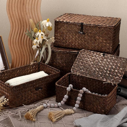 Woanger Set of 4 Wicker Storage Baskets Organizer，Handwoven Storage Bins with Lid for Organizing, Home Utility Box for Home Office Supplies Multipurpose Container(Coffee)