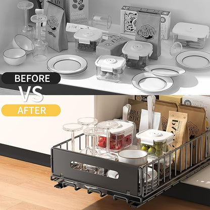2 Pack Pull Out Cabinet Organizer, Slide Out drawers for cabinets, Heavy Duty Carbon Steel Roll Out Shelves for kitchen, bathroom, under sink, pantry (14.7’’-23.1’’ Slide, Adhesive & Screw)