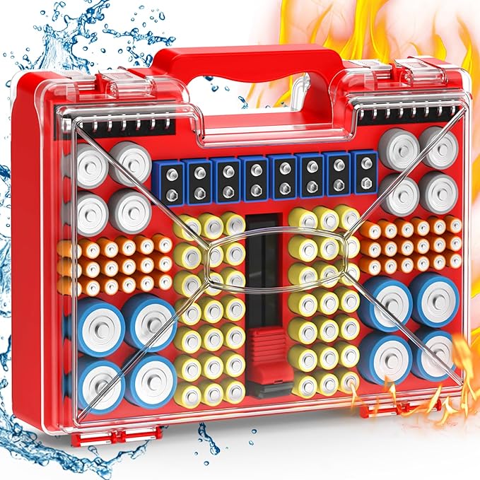 2025 Upgraded Large Battery Organizer Storage Case with Tester, Holds 185+Batteries with Double-Sided Design & Portable Handle, Fireproof & Splash-Proof Battery Holder for Most Sizes, Red