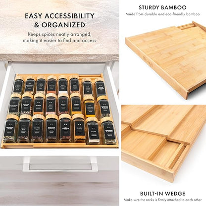 EDELHAUS Bamboo Spice Drawer Organizer - Expandable 4 Tier Spice Rack (Need 3" Deep Drawer) 12" to 24" Wide, Seasoning Organizer, Organization Seasoning Rack insert (Jars Not Included)