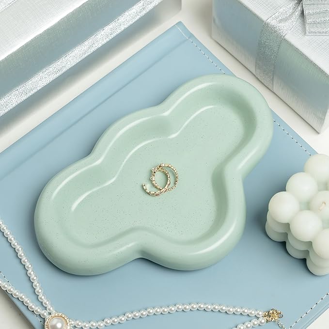 Cloud Trinket Dish, Chubby Jewelry Tray, Ceramic Jewelry Ring Trinket Dish for Rings Earrings Necklace Organizer, Mother's Day Thanksgiving Christmas Birthday Bridesmaid Gifts (T-Green)