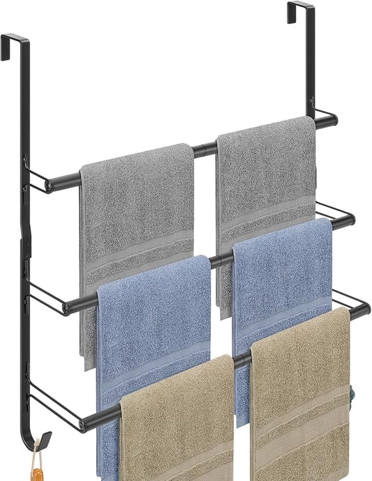Livabber 3-Tier Over The Door Towel Rack, All Metal Towel Rack with Hooks for Door Hanging, Behind Door Towel Bar Towel Storage Holder for Bathroom Accessories, Black (22.8" L x 5.9" W x 24.4" H)