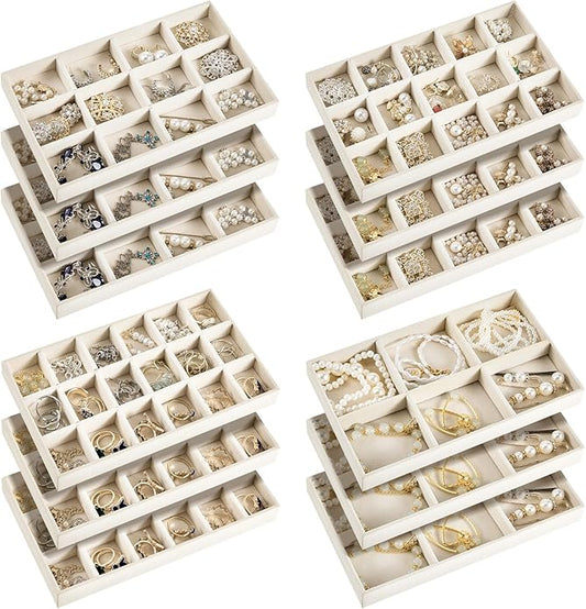 Junkin 12 Pcs Jewelry Tray Velvet Stackable Jewelry Organizer Trays Divided Earring Accessories Storage Containers Box (Rose Red)