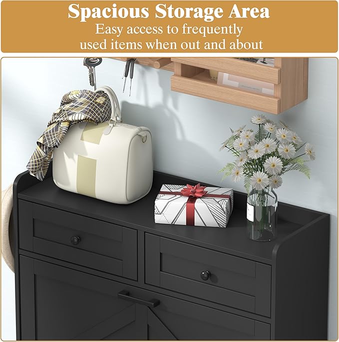 Shoe Cabinet with 2 Flip Drawers & 2 Storage Drawers, Rustic Farmhouse Narrow Shoe Organizer Cabinet, Slim Shoe Rack Cabinet, Shoe Storage Cabinet for Entryway, Hallway, Front Door