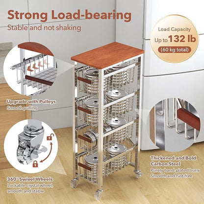 Ultra Slim 5-Tier Rolling Fruit & Vegetable Storage Cart with Removable Drawers, Narrow Metal Kitchen Organizer Cart on Wheels, Fruit Basket Stand & Fruteros para Cocina, Pantry Cart for Storage