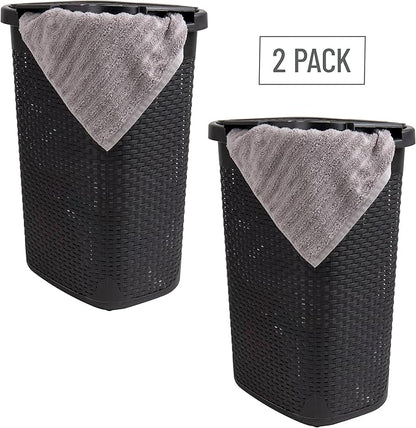Mind Reader Slim Laundry Hamper with Lid, 60L Clothes Baskets, Premium Wicker Design, Plastic, 2-Pack, Black