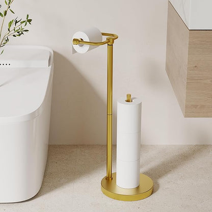 Toilet Paper Holder Stand, Modern Bathroom Free Standing Toilet Paper Holder with Storage for 4 Rolls, Post Pivoting Toilet Paper Stand Stainless Steel Tissue Rack, Heavy Stable Base(Brushed Gold)
