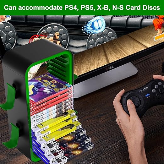 wigmoa Game Storage Tower【15.8INCH】 Compatible with PS5/ Xbox Series S & X/Switch, Universal Video Games Discs Organizers 18 PCS with 4 Controllers Holder, Game Disk Rack Shelf. OYO-1. (Black/Green)