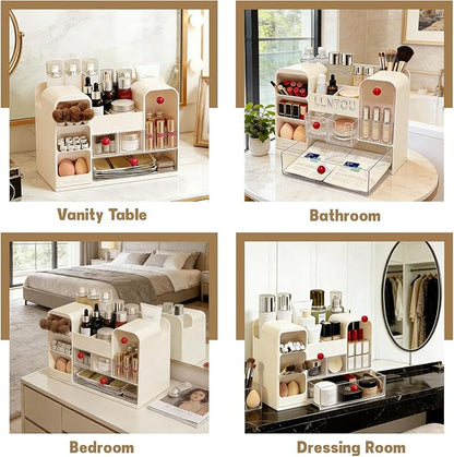 LLNTOU Makeup Organizer for Vanity with Brush Holder, Large Cosmetic & Skincare Organizer Countertop with Muti-Drawers, Cosmetic Display Case for Lipsticks, Nail Polishes, Perfumes, Eyeshadow (cream)