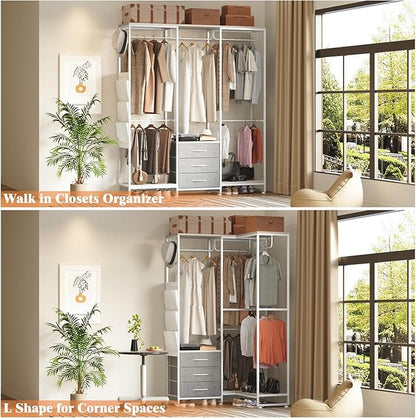 Garment Rack Heavy Duty Clothes Rack for Hanging Clothes, Freestanding Clothing Rack with 3 Fabric Drawers, Adjustable Closet Racks, Corner L Shaped Closet System Organizers, Gray & Light Wood Grain