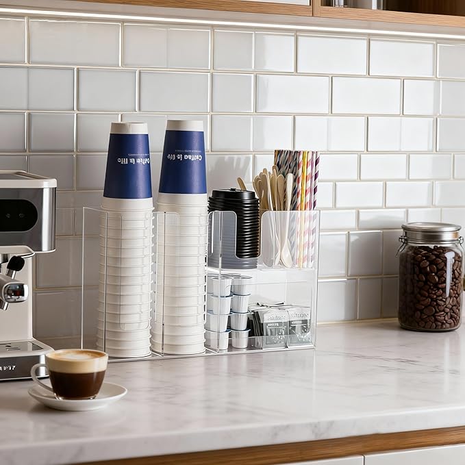 Paper Cup and Lid Holder with Straw Organizer, 6 Compartment Disposable Coffee Cup Dispenser for Countertop Coffee Bar Accessories Restaurant Breakroom, Acrylic, Clear