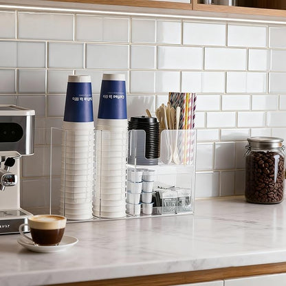 Paper Cup and Lid Holder with Straw Organizer, 6 Compartment Disposable Coffee Cup Dispenser for Countertop Coffee Bar Accessories Restaurant Breakroom, Acrylic, Clear
