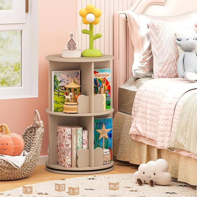 HONEY JOY Kids Rotating Bookshelf, Wooden Spinning Small Corner Organizer w/Baffles, 360°Display Standing Toddler Bookshelf, Narrow Storage Rack, Montessori Book Shelf for Nursery, Playroom (Coffee)