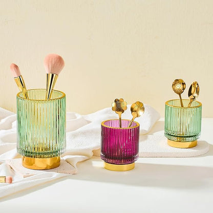 LEICURACE Makeup Brush Holder Organizer,Toothbrush Holders,Desk Pen Pencil Holder,Multifunctional Vintage Glass Brush Cup（L/Green/A3-6-US）