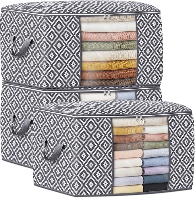 StorageTastic Direct 100L, 3 Pack, Storage Containers, Large Clothes Storage Bins Foldable Organization and Storage Bags with Reinforced Handle, Clear Window for Bedding, Blankets, Clothing, Grey