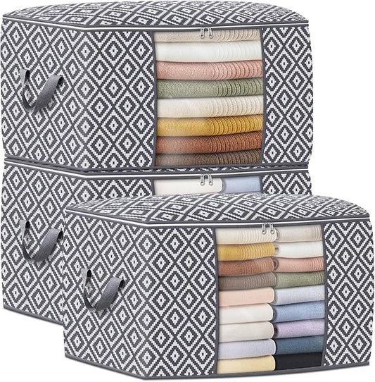 StorageTastic Direct 100L, 3 Pack, Storage Containers, Large Clothes Storage Bins Foldable Organization and Storage Bags with Reinforced Handle, Clear Window for Bedding, Blankets, Clothing, Grey