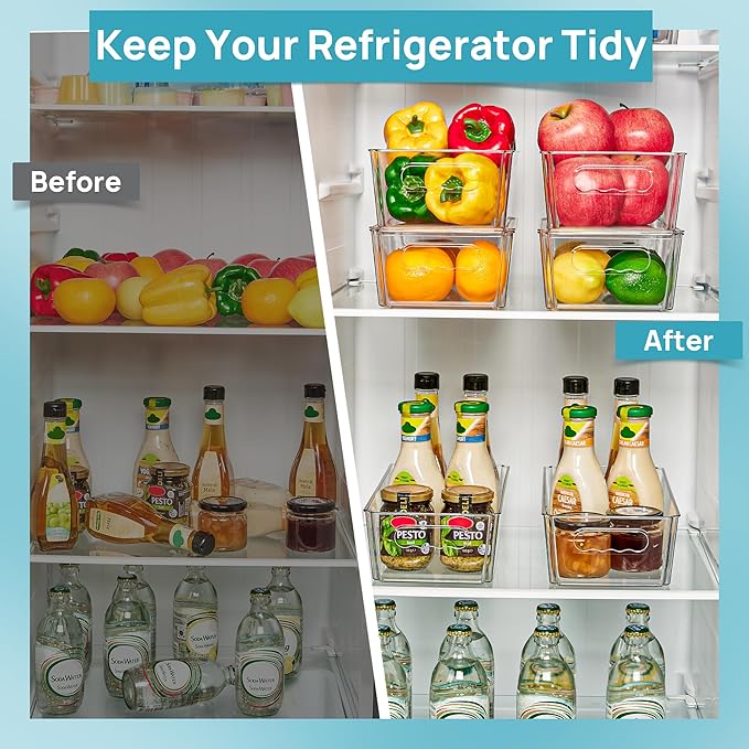 Vtopmart 12pcs Clear Organizers and Storage Bins with Lids, Stackable Plastic Storage Containers with Handles for Fridge, Freezer, Pantry, Cabinet, Kitchen Organization