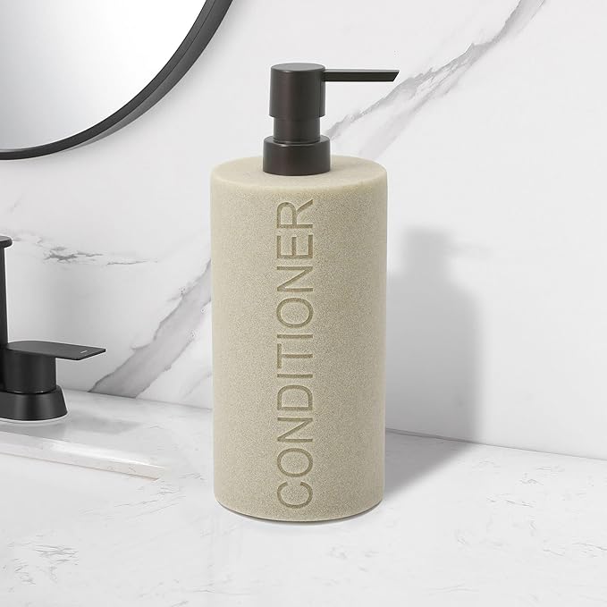 Indecor Home Resin Tan Sandstone Conditioner Engraved Bottle Refillable Pump Dispenser, Durable Waterproof Resin Construction for Bath, Shower - Tan Sandstone ORB Pump