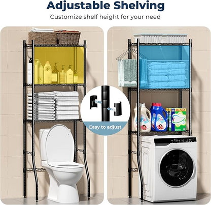 Laundry Room Storage Shelf & Organizer, 3 Tier Over Metal Washer and Dryer Shelves, Washing Machine Shelf, Adjustable Height & Feet, Bathroom Space Saver Shelf, 23.6" L x 13.8" W x 63.2" H, Black