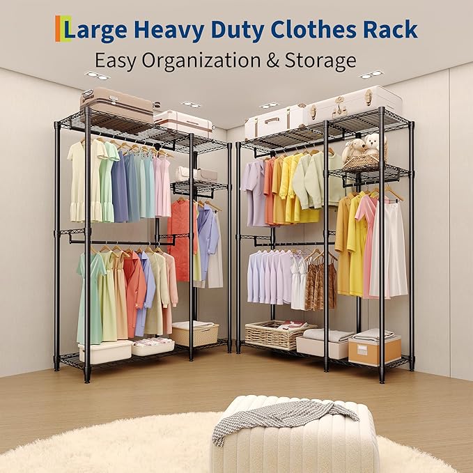 Portable Clothes Rack Heavy Duty Garment Rack, Large Freestanding Closet Wardrobe with Adjustable Shelves & 3 Hanging Rods, Closet Organizer and Storage for Bedroom Cloakroom, 76.5"H x 41.6"L x 15.5"W