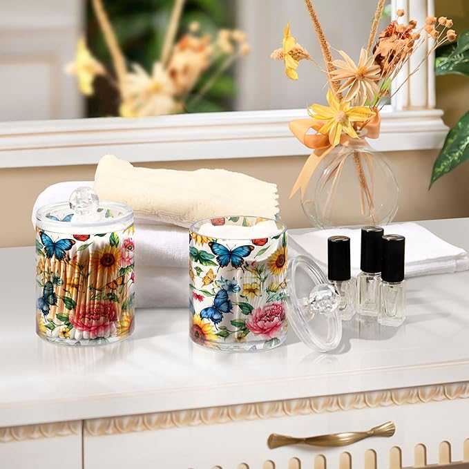 MNSRUU 4 Pack Qtip Holder Organizer Dispenser Sunflowers Peonies and Butterflies Bathroom Storage Canister Cotton Ball Holder Bathroom Containers for Cotton Swabs/Pads/Floss