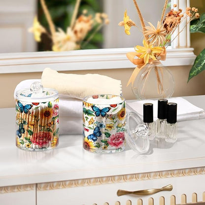 MNSRUU 4 Pack Qtip Holder Organizer Dispenser Sunflowers Peonies and Butterflies Bathroom Storage Canister Cotton Ball Holder Bathroom Containers for Cotton Swabs/Pads/Floss