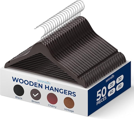 SereneLife 50-Pack Wooden Coat Hangers – Durable Suit Hangers with 360° Swivel Hook & Notches – Slim Design for Shirts, Jackets, Dresses, and More (Brown)