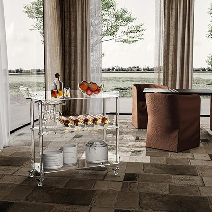 HMYHUM Acrylic Bar Cart with 4 Lockable Wheels, Clear Serving Cart with Wine Rack and Glass Holder, Rolling Beverage Cart for Home, Kitchen, Dinning Room, 33.7" L x 13" W x 34.8" H