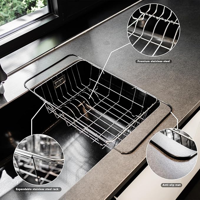 YENXIKU Over The Sink Dish Drainer Drying Rack - Expandable Stainless Steel in Sink Dish Drying Rack, High-Capacity, Rustproof, Easy Install, with Utensil Holder - Dish Racks for Kitchen Counter