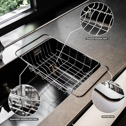YENXIKU Over The Sink Dish Drainer Drying Rack - Expandable Stainless Steel in Sink Dish Drying Rack, High-Capacity, Rustproof, Easy Install, with Utensil Holder - Dish Racks for Kitchen Counter